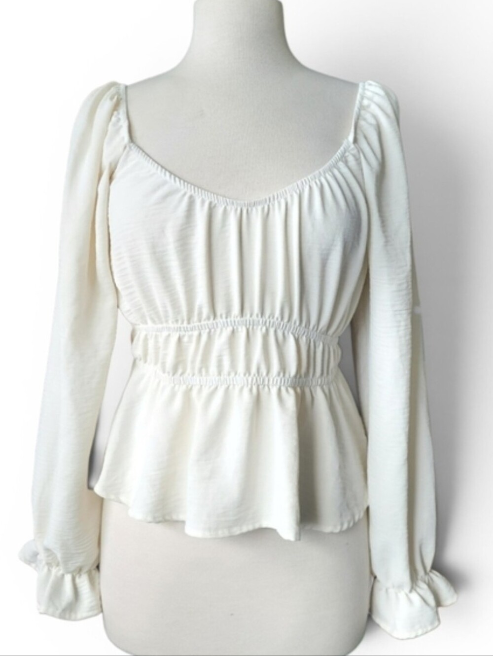 White Peasant Blouse Puff Sleeve Smocked Milk Maid Top M